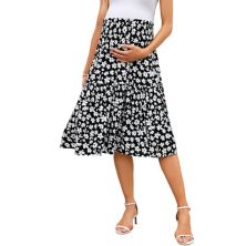 Women's Elastic High Waisted Maternity Skirt Floral Pleated Swing Flowy Midi Skirts With Pockets MISSKY