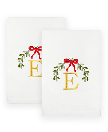 Christmas Mistletoe Monogram White Embroidered Luxury Turkish Cotton Hand Towels, 2 Piece Set Linum Home