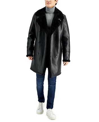 Мужское длинное двубортное пальто из кожзаменителя с манжетами и воротником из искусственной овчины GUESS