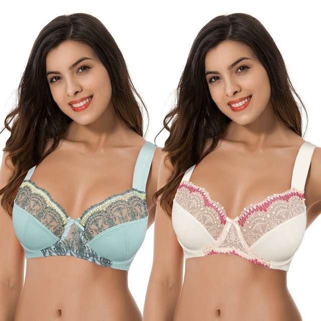 Curve Muse Plus Size Minimizer Underwire Bra With Lace Embroidery-2 Pack-BLUE HAZE,LT PINK-40C Curve Muse