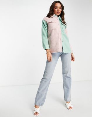 Neon Rose oversized shacket with jewel buttons in pastel color block Neon Rose