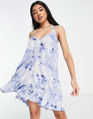 Пляжное платье с завязками на плечах Influence с сине-белым принтом Influence