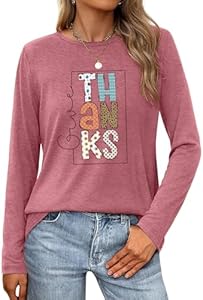 Thanksgiving Shirt for Women: Thankful Greatful Blessed Shirts Fall Pumpkin Long Sleeve Tops ELDPS