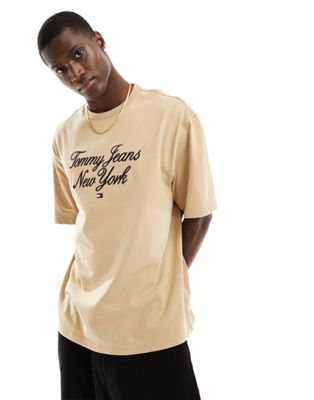 Tommy Jeans new york script logo T-shirt in sand Tommy Jeans