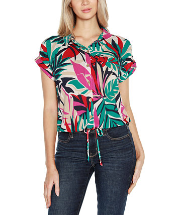 Women's Printed Collared Button-Front Printed Floral Top Belldini