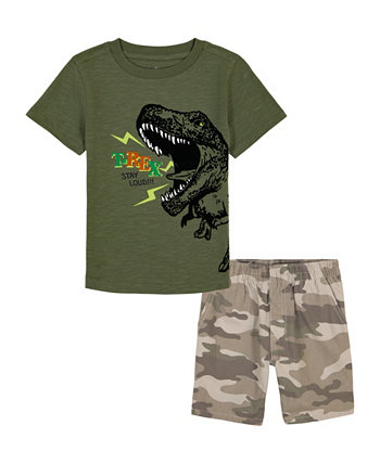 Комплект из футболки с короткими рукавами с изображением динозавра и предварительно выстиранных холщовых шорт для мальчиков младшего возраста Kids Headquarters