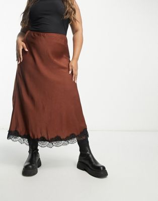 Lola May Plus midaxi skirt with lace trim in brown Lola May Curve