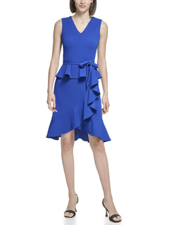 Платье из крепа с V-образным вырезом и юбкой с рюшами Calvin Klein