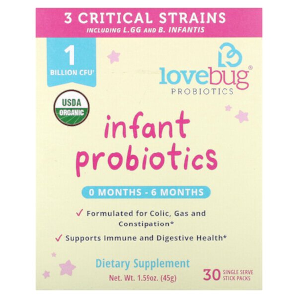 Пробиотики для младенцев, 0–6 месяцев, 1 миллиард КОЕ, 30 одноразовых пакетиков по 1,5 г (0,05 унции) каждый LoveBug Probiotics
