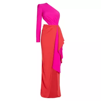 Evelyn One-Shoulder Colorblocked Draped Gown MICHAEL COSTELLO COLLECTION