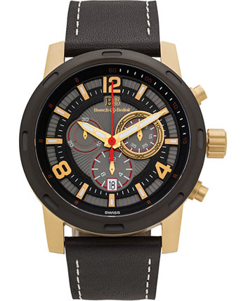 Мужские часы с хронографом Baracchi, черный кожаный ремешок, белая строчка, черный / серый циферблат, золотой корпус, 46 мм Buech & Boilat
