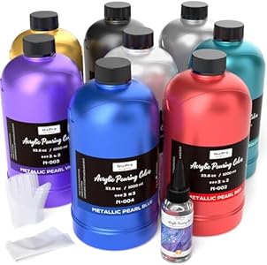 Nicpro 8 Colors 33.8 oz Large Bulk Metallic Acrylic Pouring Paint Supplies Kit, Premixed High Flow Art Pour Paint with Silicone Pour Oil, Gloves, Tablecloths for Beginner DIY, Ready to Pour Nicpro