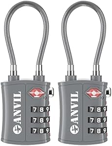 ANVIL TSA Approved Luggage Locks - Re-settable 3-Digit Combination Cable Lock with Alloy Body, Keyless Travel Sentry Accepted Padlock for Gym Locker, Golf Bags, Suitcases ANVIL