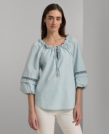 Женская хлопковая блузка из шамбре с кружевной отделкой LAUREN Ralph Lauren