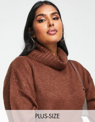 Brave Soul Plus cattio boxy cropped roll neck sweater in chocolate brown Brave Soul Plus