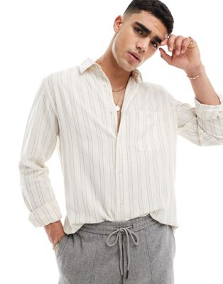 Selected Homme long sleeve shirt in textured stripe in ecru Selected