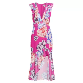 Nanci Petals In Bloom Ruffled Midi-Dress MILLY
