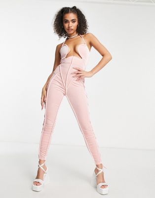 Bad Society Club velvet strappy bust cutout jumpsuit in pink BAD SOCIETY CLUB