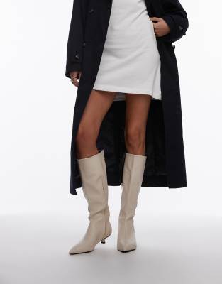 Topshop Stevie mid heel pointed toe knee high boots in off white TOPSHOP