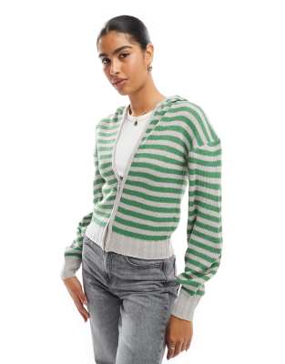 Wednesday's Girl striped hooded zip through cardigan in gray and green Wednesday's Girl