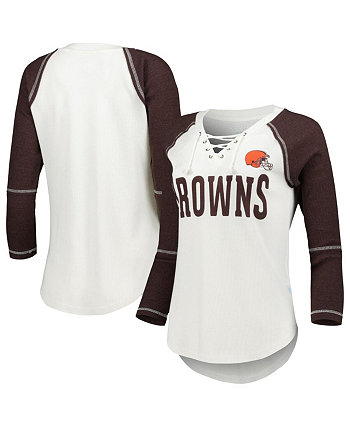 Women's White, Brown Cleveland Browns Rebel Raglan Three-Quarter Sleeve Lace-Up V-Neck T-shirt Touch