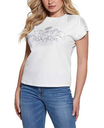 Женская хлопковая футболка с графической бахромой и украшением GUESS