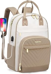 Laptop Backpack for Women Bag - 15.6 inch Work Travel Backpack with USB Charger College Bookbag Waterproof Business Computer Backpack Anti-theft Casual Backpacks for Nurse Teacher Beige Black Brown Bagswan