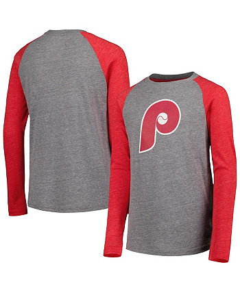 Youth Boys and Girls Heather Charcoal, Heather Red Philadelphia Phillies Cooperstown Collection Raglan Tri-Blend Long Sleeve T-shirt Outerstuff