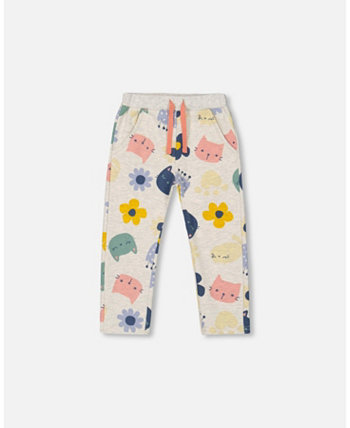 Эластичные спортивные штаны из френч-терри для девочек с принтом, овсяные, с цветочным узором «Кошки» — для детей Deux par Deux