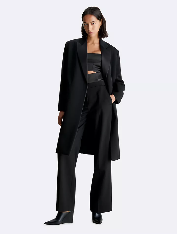 Атласное шерстяное пальто-смокинг Calvin Klein