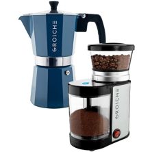GROSCHE Milano Stovetop Espresso Coffee Maker and Electric Burr Coffee Grinder Bundle Grosche