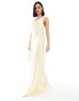 Six Stories Bridesmaid cowl neck satin maxi dress in lemon Six Stories