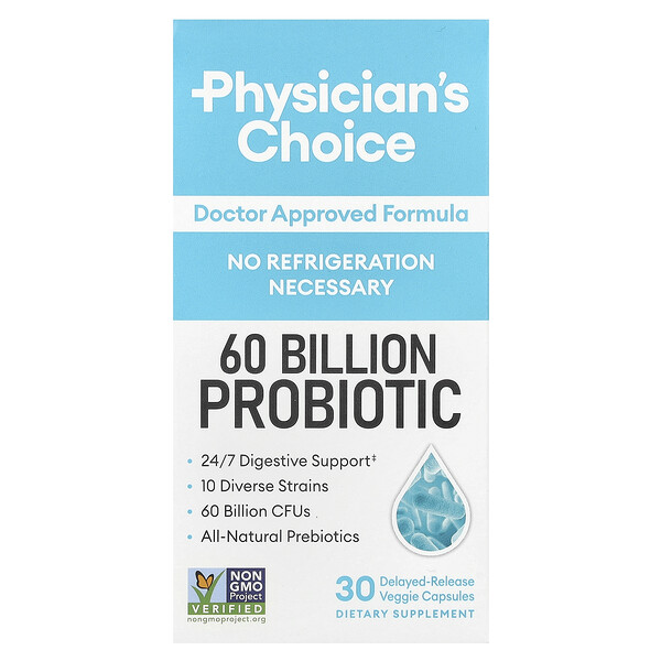 60 миллиардов пробиотиков, 30 растительных капсул с отсроченным высвобождением Physician's Choice