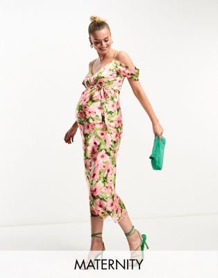 Атласное платье мидакси с открытыми плечами Hope & Ivy Maternity розового цвета с цветочным принтом Hope & Ivy