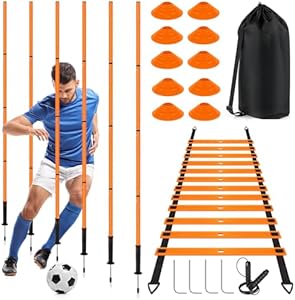 Soccer Agility Training Equipment: 6 Soccer Agility Poles, 20ft Agility Ladder, 10 Soccer Cones, 1 Jump Rope. Soccer Training Poles for Speed Training, Agility Training Smtpdt