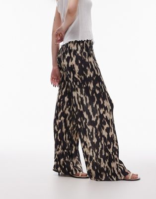 Topshop Petite abstract leopard print plisse pants in mono Topshop Petite