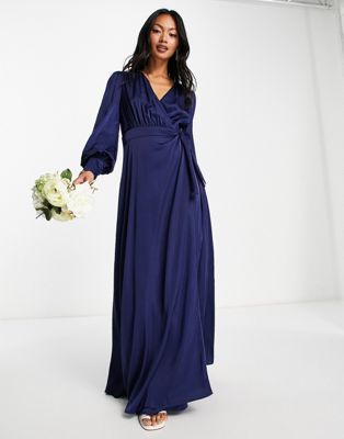 Темно-синее атласное платье макси с длинными рукавами TFNC Bridesmaid TFNC