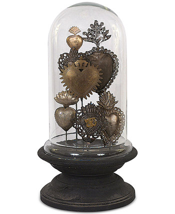 Оловянные священные сердца на деревянном постаменте со стеклянным колпаком 3R Studio