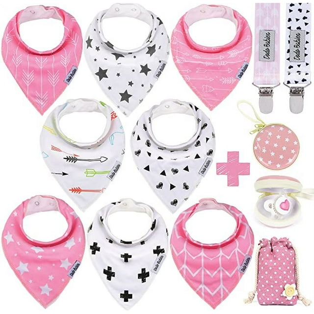 Dodo Babies Bandana Drool Bib Set – Eight 100% Cotton Bibs with Soft Polyester Lining, 2 Pacifier Clips, Binky Case, Blue Gift Bag for Baby Girl or Boy Shower – Adjustable Snap Fit for 3-24 Months Dodo Babies