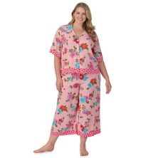 Plus Size Women's Beauty Sleep Social 2-Piece Notch Pajama Top & Cropped Bottoms Sleep Set Beauty Sleep Social