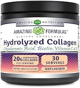 Amazing Formulas Hydrolyzed Bovine Collagen Type I & III Unflavored Powder | 1.32 Lb (600 Grams) | Contains Hyaluronic Acid, Biotin, Vitamin C & E | Non-GMO | Gluten Free Amazing Nutrition