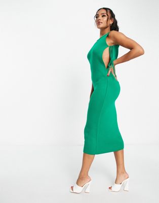 Зеленое трикотажное платье миди с завязками по бокам Fashionkilla Fashionkilla