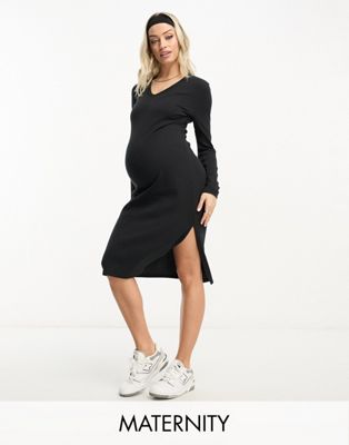 Черное платье миди с v-образным вырезом и разрезом по бокам Threadbare Maternity Threadbare