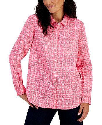 Миниатюрная рубашка с принтом Geo Roll из 100% льна, с рукавом 3/4, созданная для Macy's Charter Club
