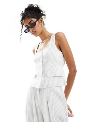 4th & Reckless linen look square neck vest in white pinstripe - part of a set 4TH & RECKLESS