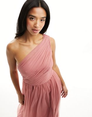 Anaya Petite Bridesmaid tulle one shoulder maxi dress in dusty pink Anaya