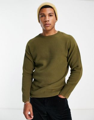 Вязаный свитер цвета хаки в рубчик с круглым вырезом Selected Homme Selected