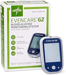 Medline EvenCare G2 Blood Glucose Monitoring Meter, Self-Testing Diabetic Care, 6 Sec Results, Batteries, Guide, Carrying Case, Logbook, Voice Assistance Medline