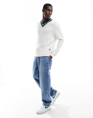 Tommy Jeans regular v-neck cable sweater in white Tommy Jeans