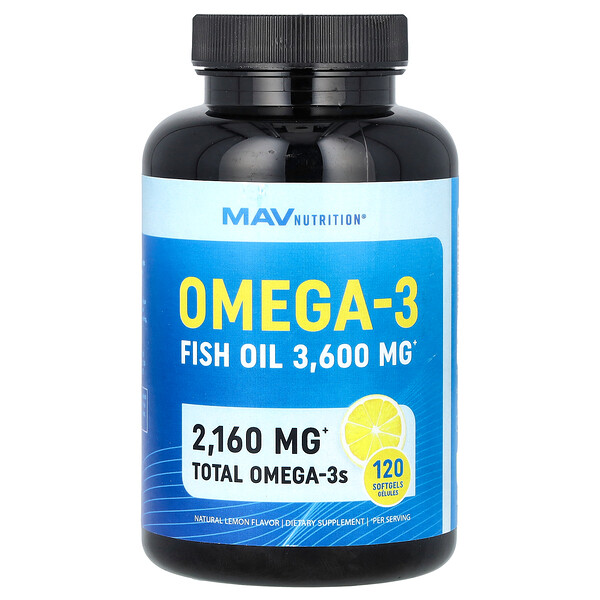 Омега-3 Рыбий жир, Лимон, 3600 мг, 120 капсул (1200 мг на капсулу) - MAV Nutrition MAV Nutrition